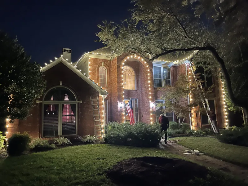 Christmas light installation Farmers Branch TX — crew installing tree wrapping on a luxury home