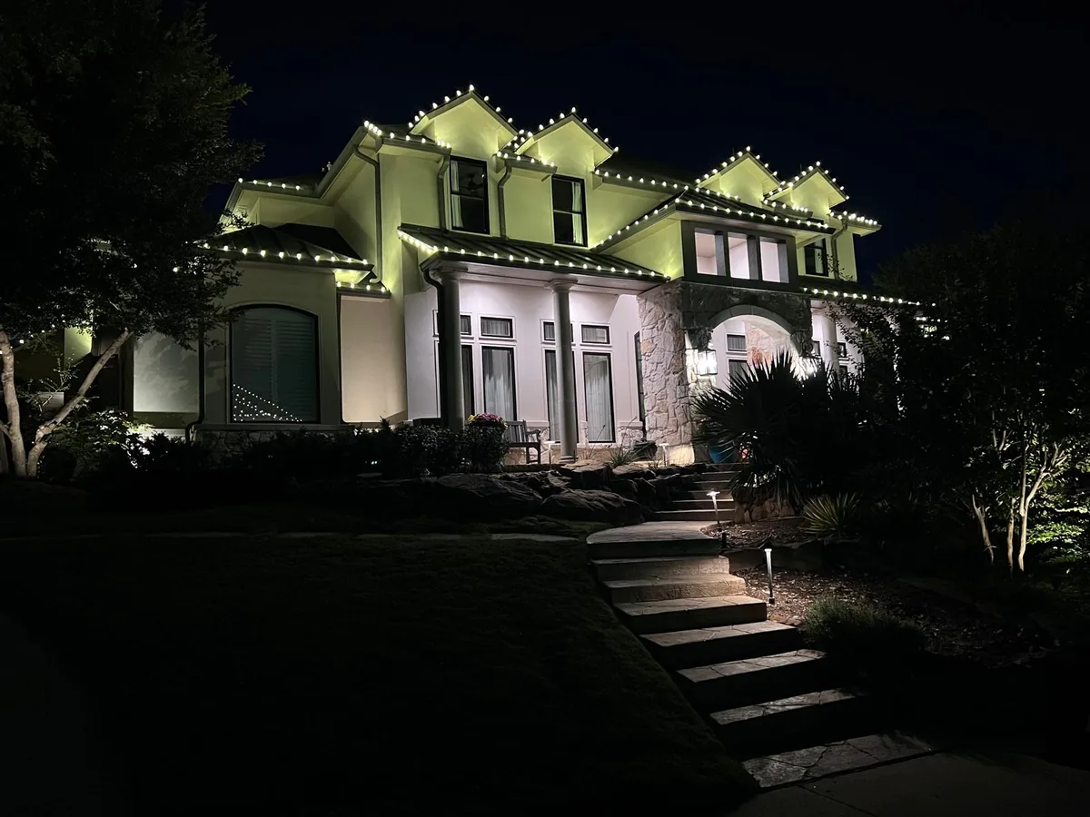 A professionally wrapped feature tree glowing at dusk — The Christmas Lights Experts